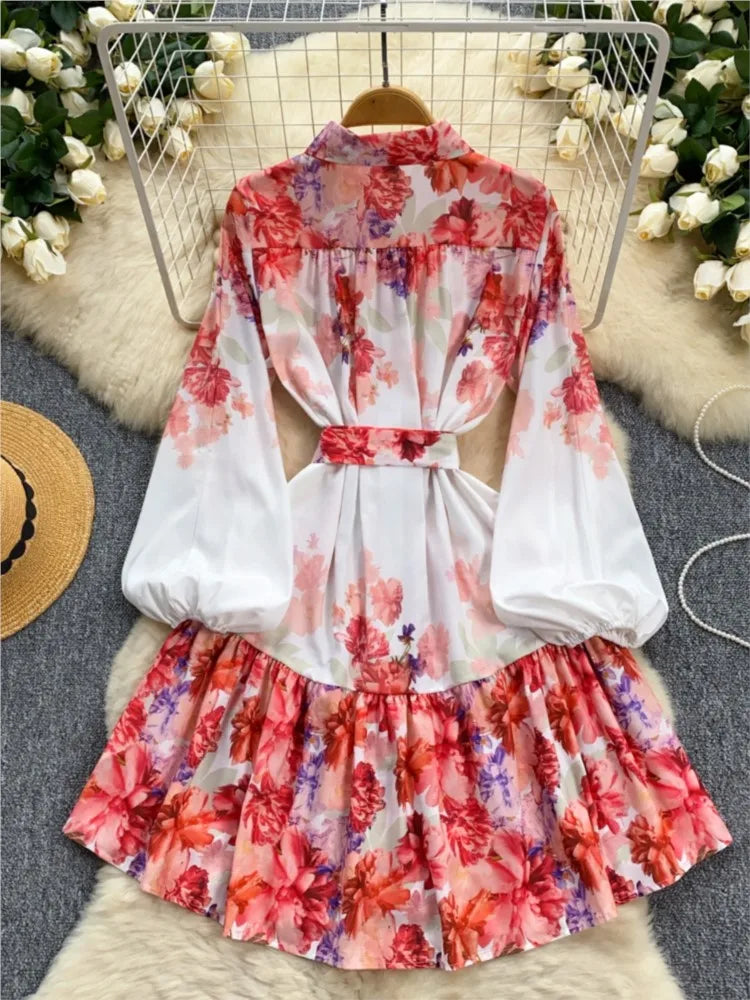 Elegant Casual Women Pleated Print Mini Dress Vintage Lace-up Lantern Sleeve Ruffles Short Dresses Female Party Clothes Robe