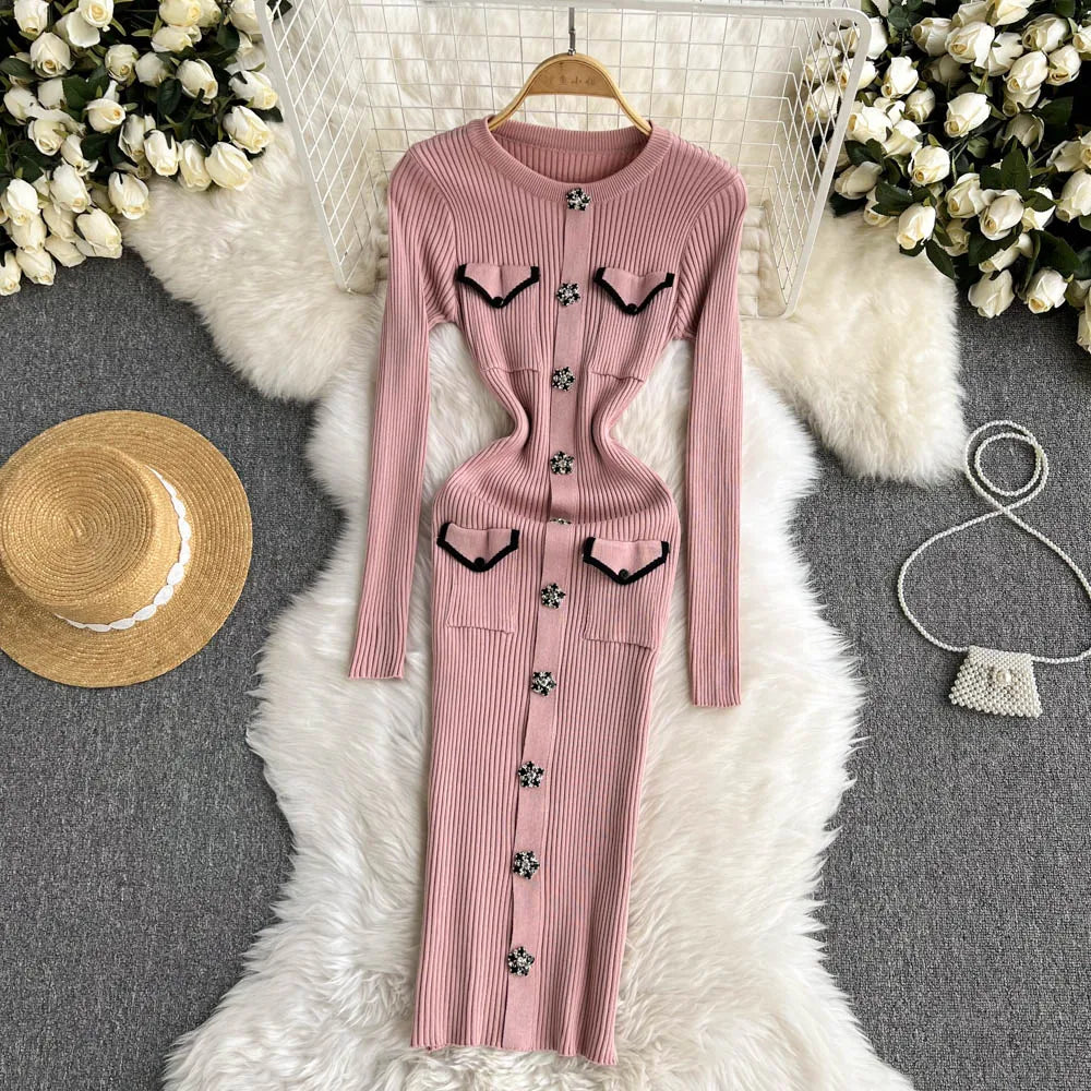 Women Elegant Chic Long Sleeve Sexy Slim Bodycon Dress Vintage Korean Fashion Knit Tight Vestido Autumn Winter Sweater Robe