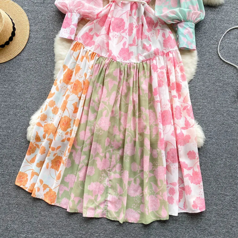 Chic Print Pleated Elegant Lantern Sleeve Dress A-line Casual Lace Up Vacation Party Dress Women Fashion Autumn Spring Vestidos
