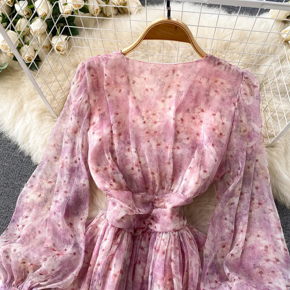 Vintage Floral Print Pleated Elegant Puff Sleeve Dress A-line Chiffon Beach Vacation casual Dress Women Summer Spring Vestidos