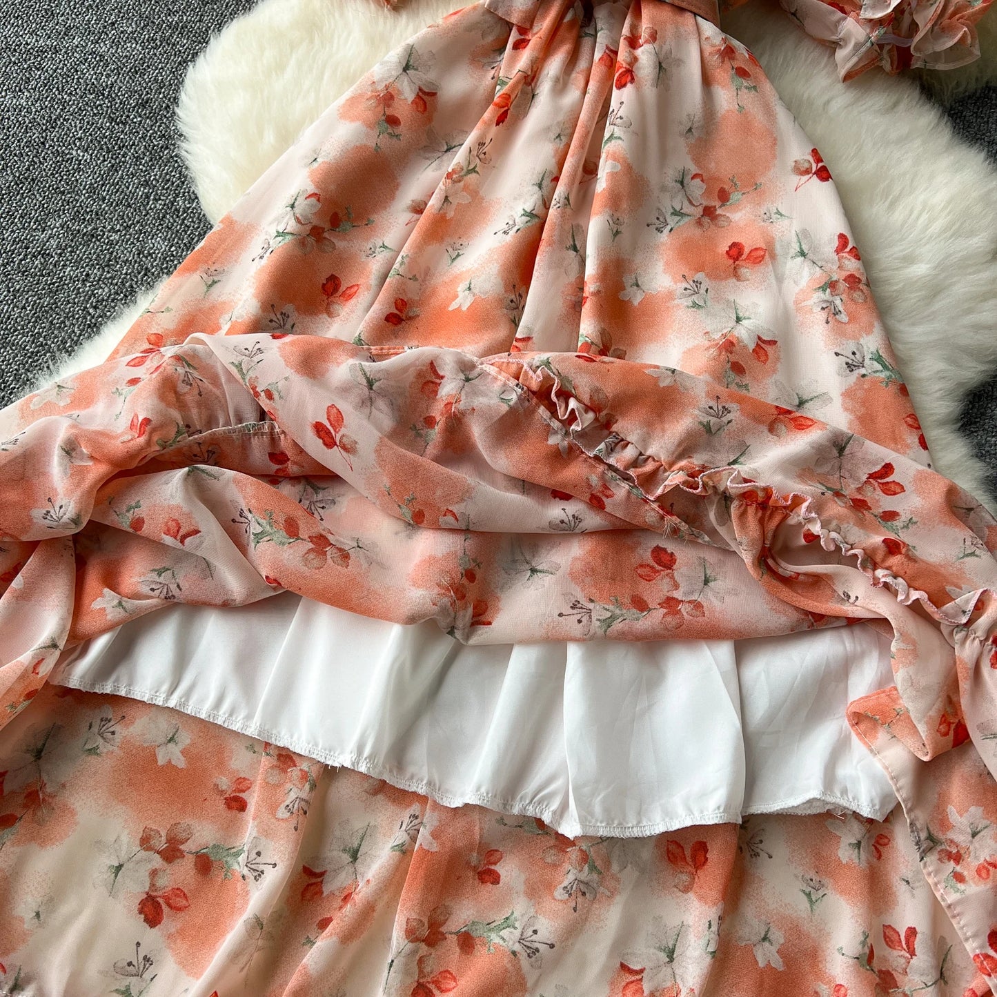 French Vintage Ruffle print chiffon Bandage Bow Puff Sleeves short Sleeves Dress Casual Women Fashion summer dresses