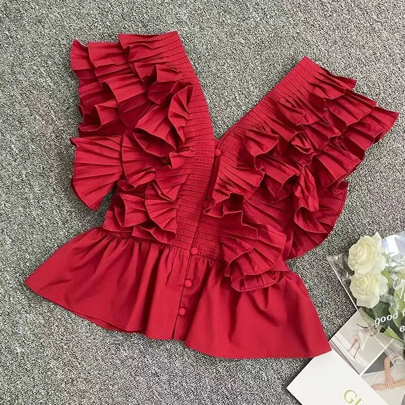 French Elegant Ruffle Edge Pleated Chiffon Short Shirt Top Women's Summer Fashion Sleeveless V-neck Single breasted Red Blouse
