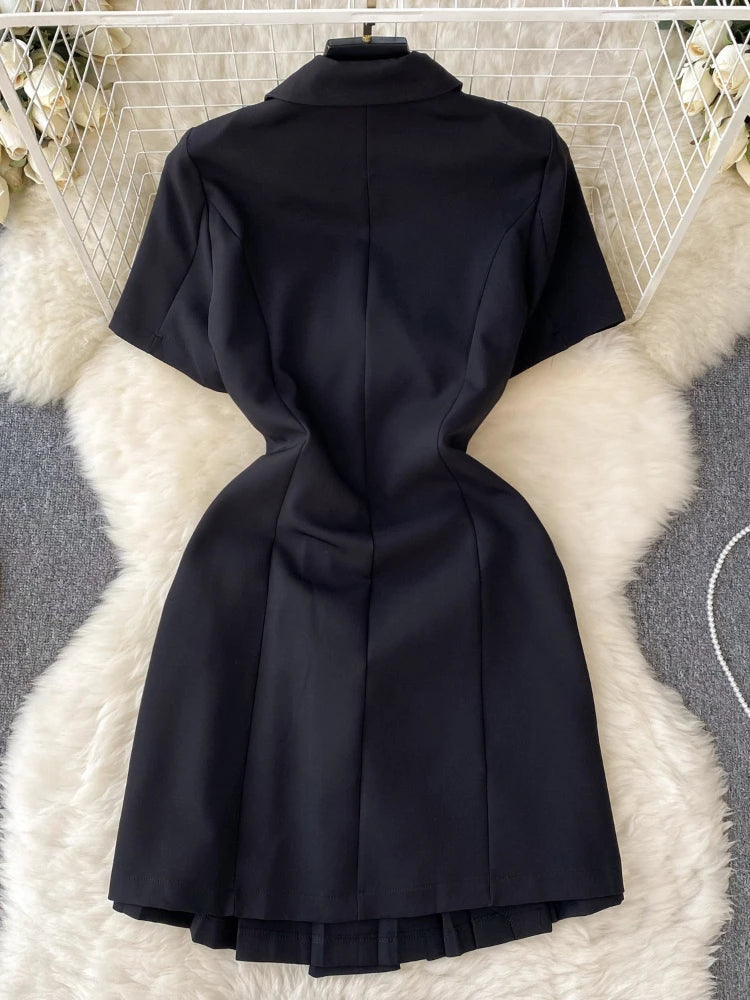 Retro Black Blazer Dress Women Lapel Short Sleeved Short Dresses Summer Casual Short Sleeve Slim Bandage Dress Vestidos