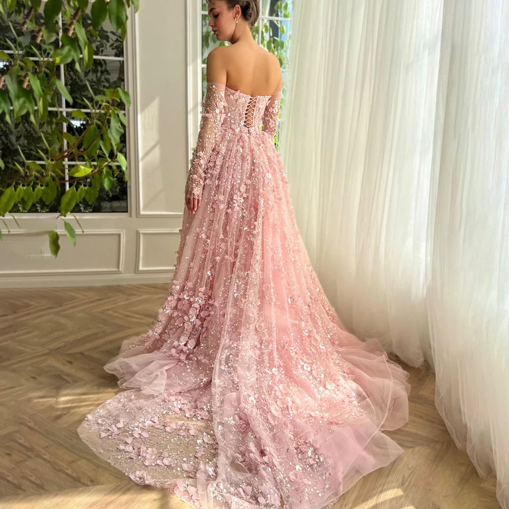 Serene Hill 2024 Pink Strapless Back Lace-Up Mermaid Evening Gown with Overskirt and Appliques for Women | Wedding Party LA72641