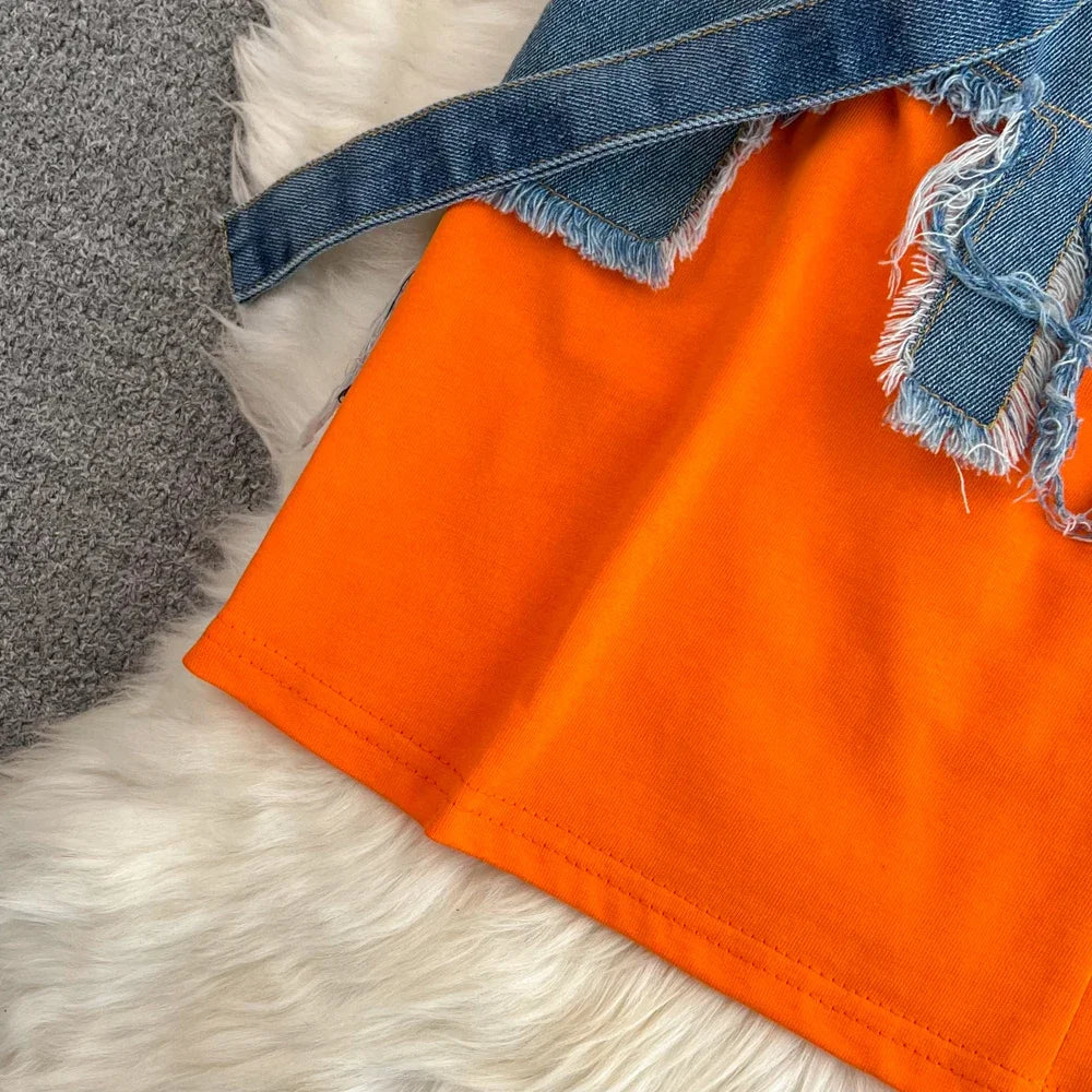 Women Summer Casual T Shirt Short Sleeve Streetwear Patchwork Denim Long Shirts Female O-neck Slim Jeans Tops
