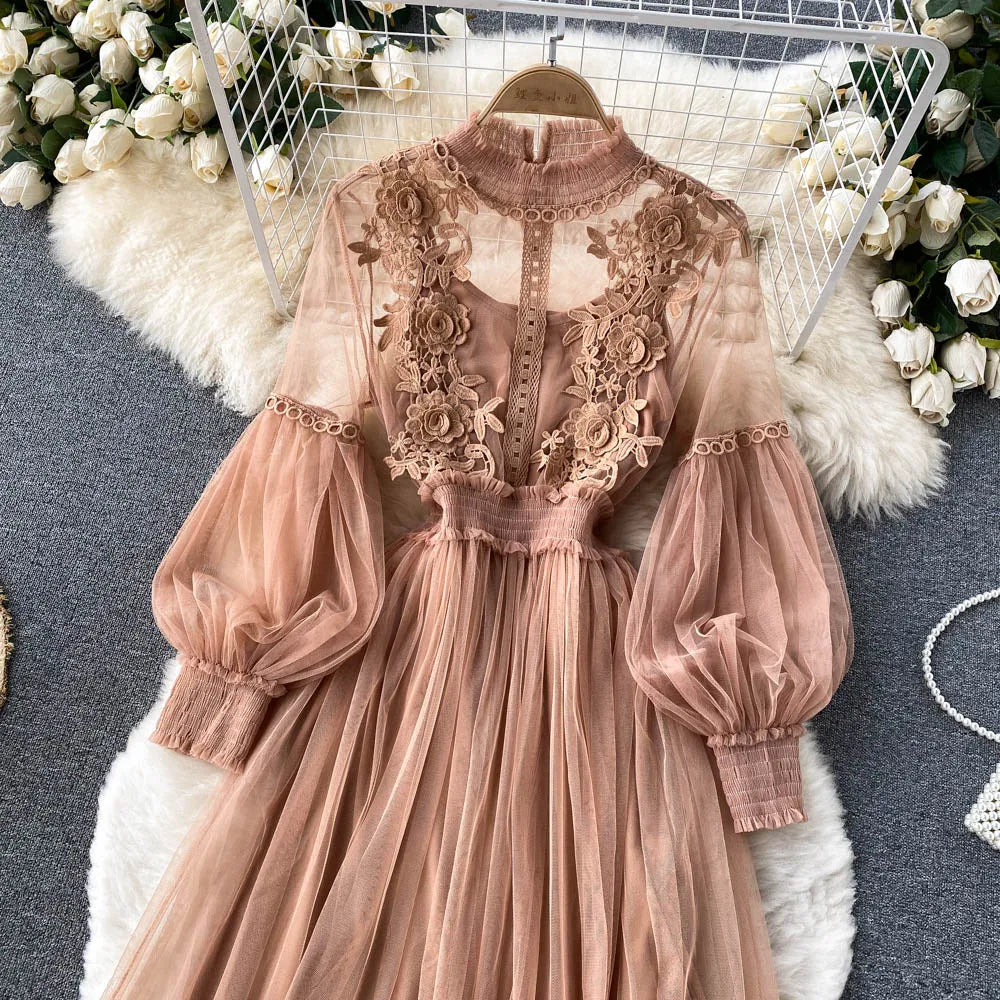 Retro Elegant Mesh Pleated two pieces Dress sets Sexy Fairy puff sleeve Summer Casual Vestidos Slim Women Evening Party Dress