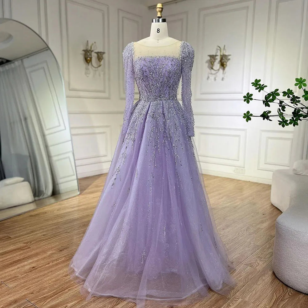 Serene Hill Muslim Pink A Line Beaded Luxury Dubai Long Evening Dresses Gowns 2024 For Woman Wedding Party LA71915
