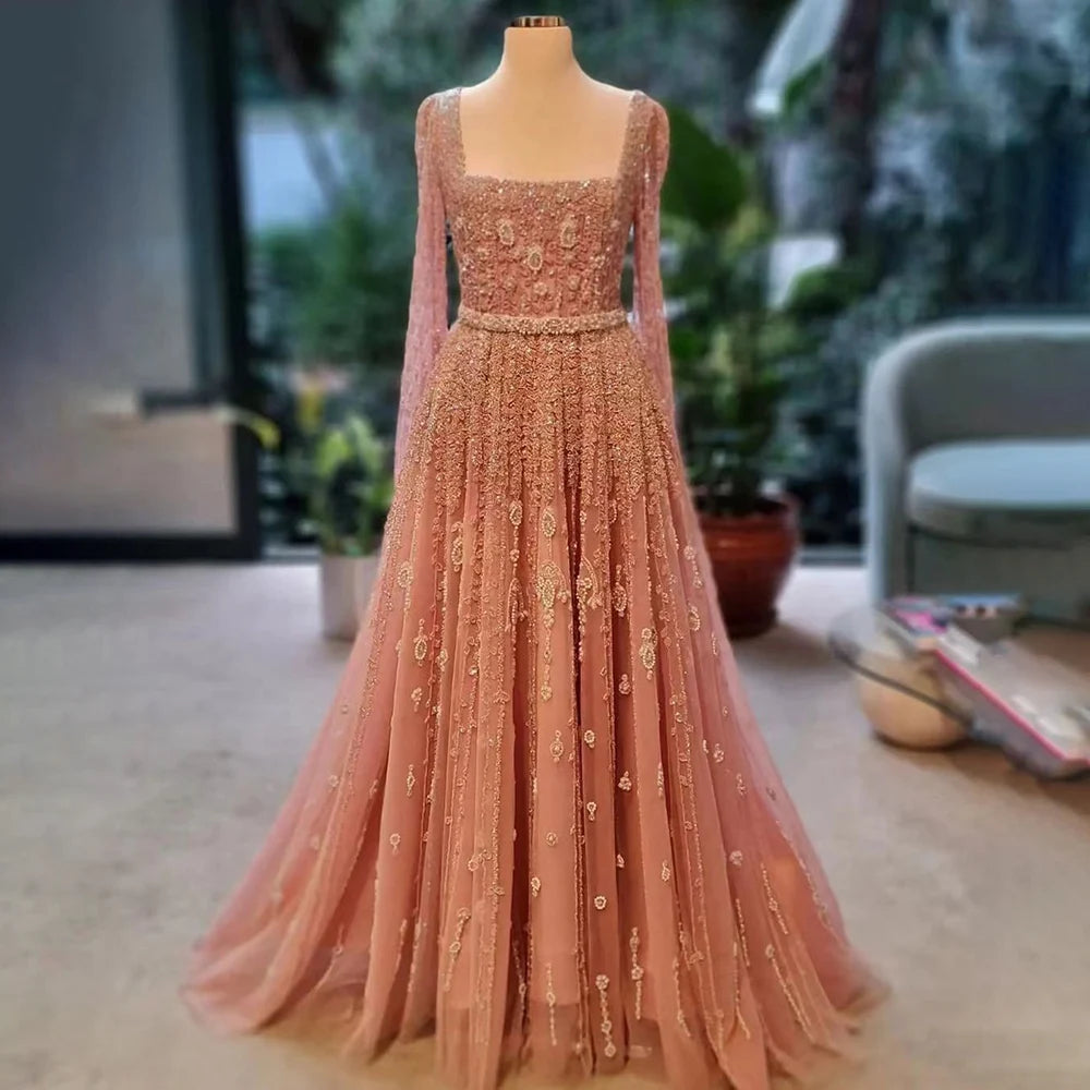 Serene Hill 2024 Muslim Pink A Line Beaded Elegant Cape Sleeve Luxury Evening Dresses Gowns For Women Wedding Party LA71803A