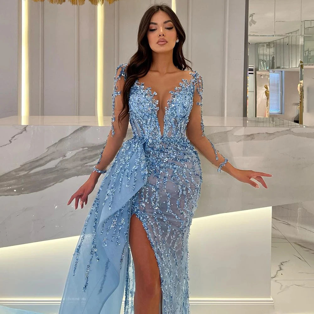 Serene Hill Blue Long Sleevele Elegant Mermaid High Split Evening Dresses 2024 Women Party Gowns with Side Skirt LA72044