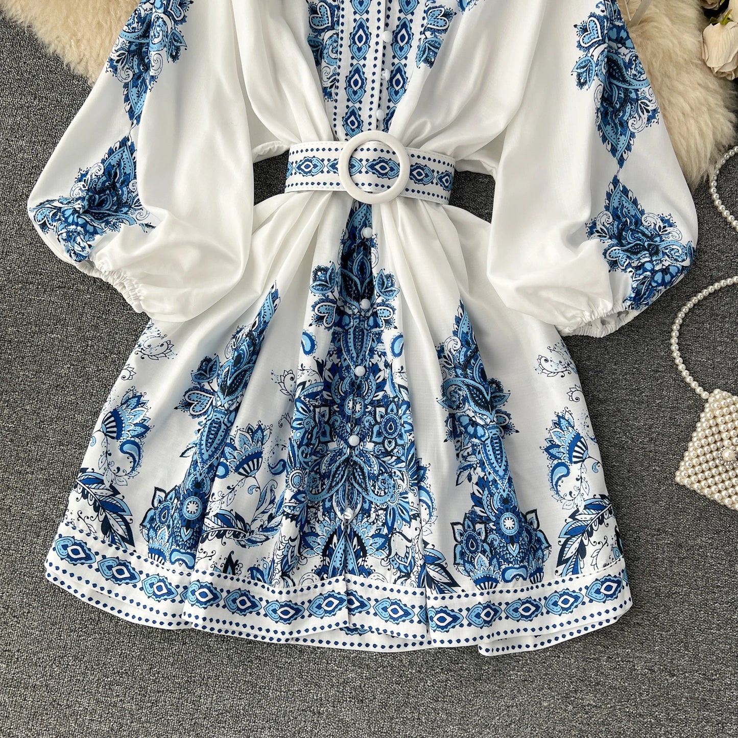 Vintage Print Elegant V-eck Single Breasted Lantern Long Sleeve Dress A-line Casual Women Fashion Summer Spring Vestidos