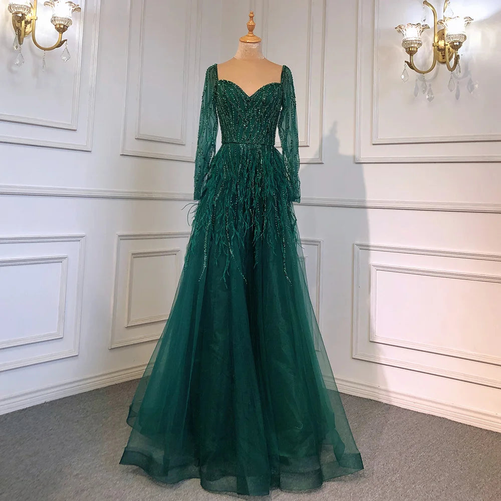 Serene Hill Arabic Red Elegant A Line For Women Long Sleeves Evening Dress Luxury Beaded Handmade Feathers 2024 LA71468