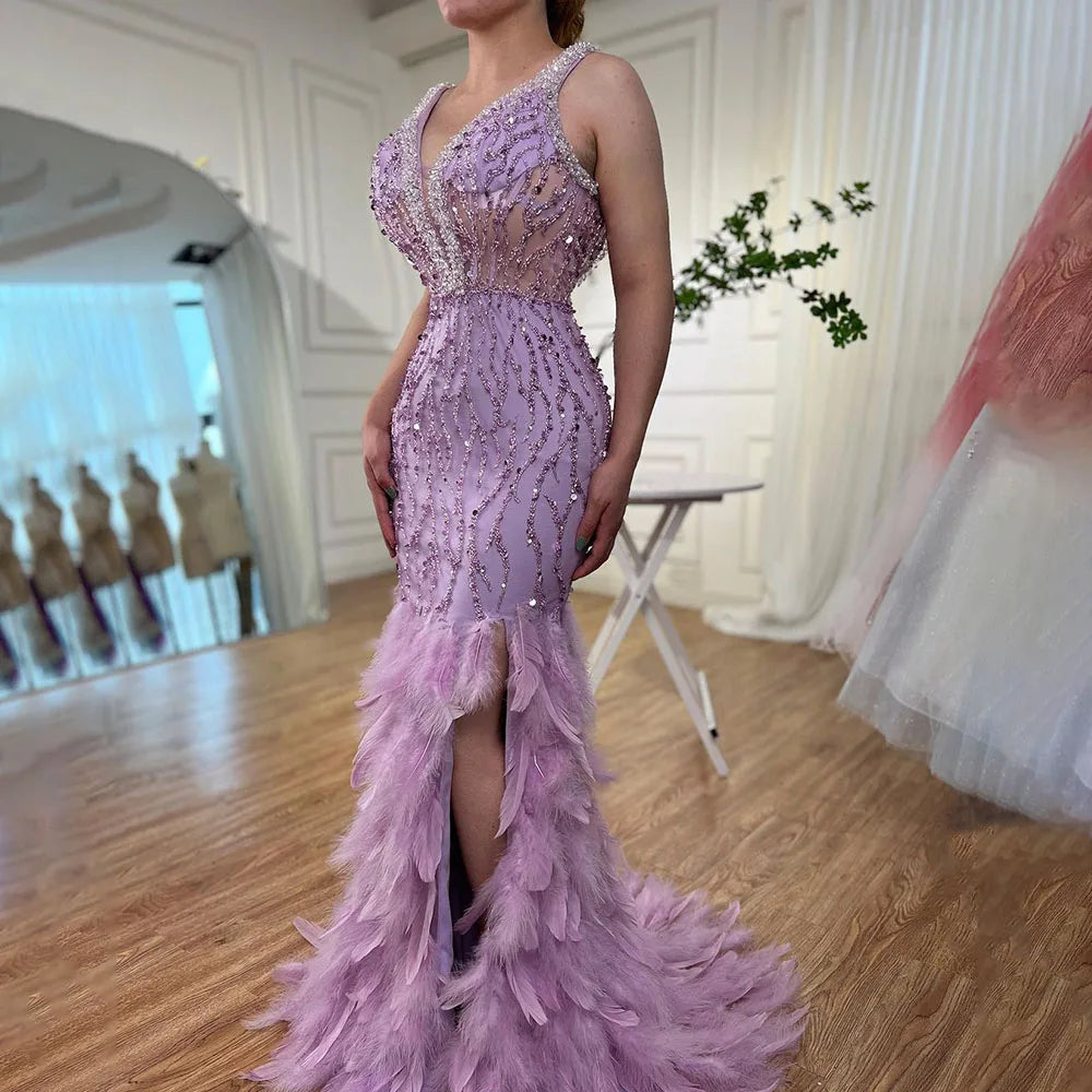 Serene Hill Pink Mermaid High Split Luxury Evening Dresses Feather Beaded Gowns Long 2024 For Women Wedding Party LA72152