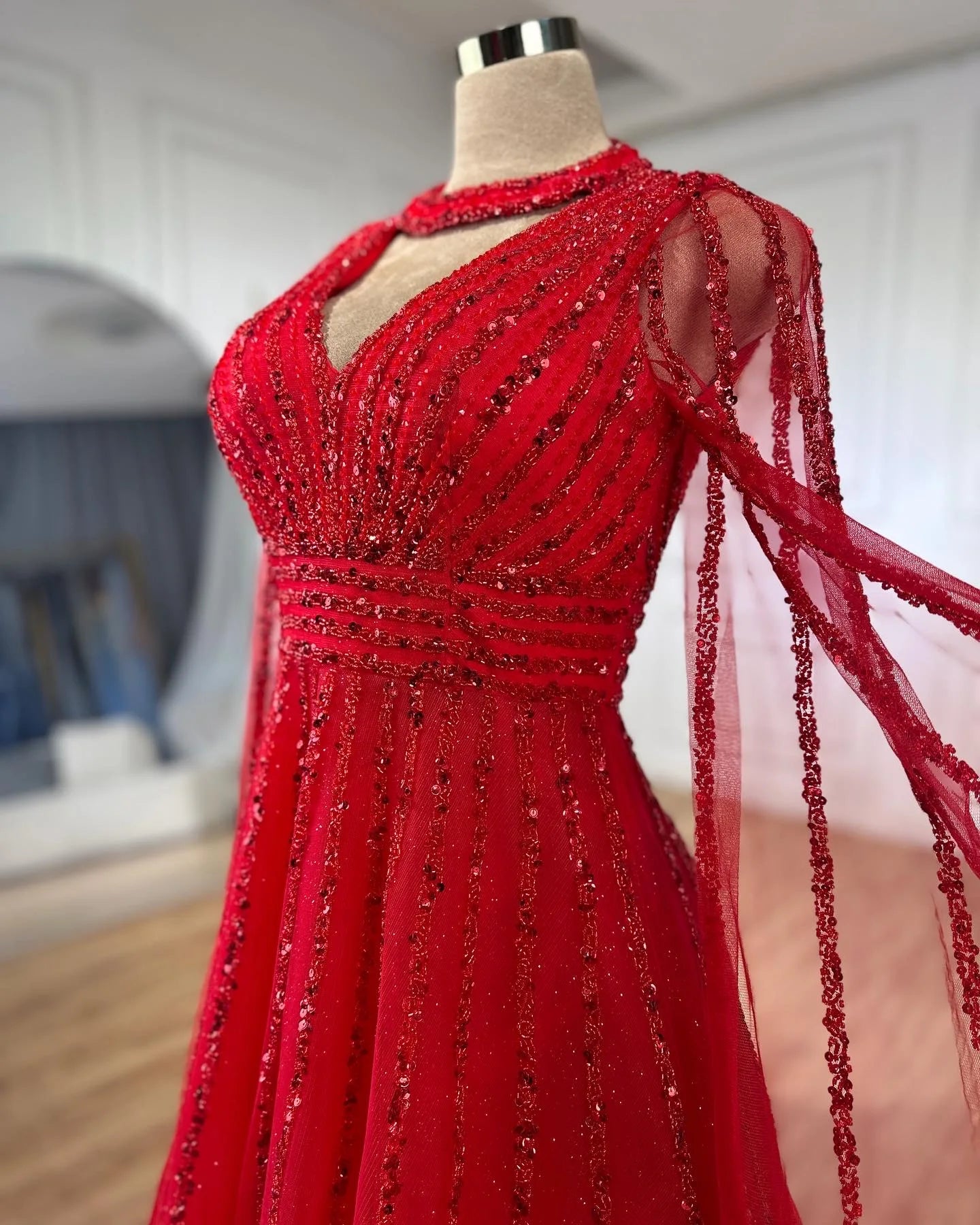 SERENE HILL 2024 Arabic Caramel A-Line Cape Sleeves Beaded Evening Dresses Luxury Gowns For Women Wedding Party GLA72171