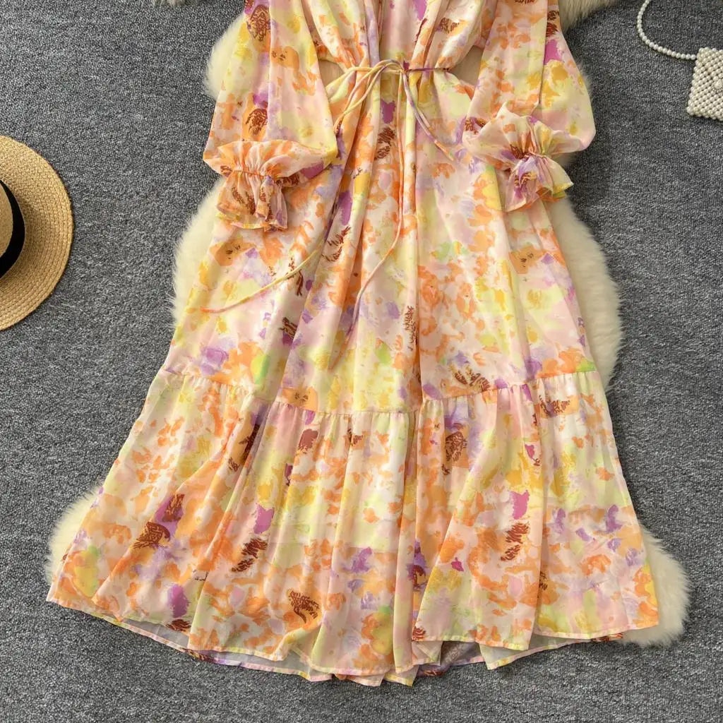 Elegant Floral Print Party Dress for Women French O-Neck Embroidered Flares Lace Up Lantern Long Sleeves Chiffon Long Dresses