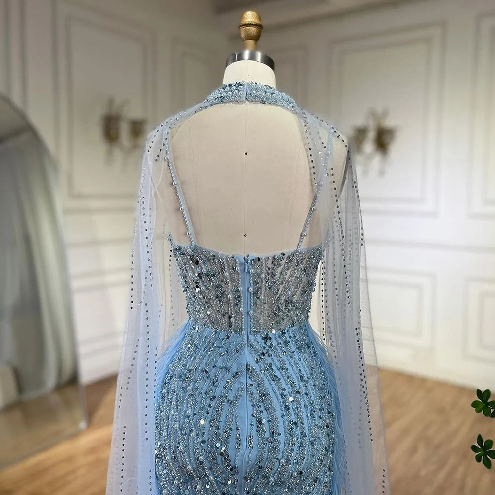 SERENE HILL 2024 White Nude Mermaid Beaded Feathers Luxury Evening Dresses Midi Gown With Cape For Women Wedding Party GLA72047A