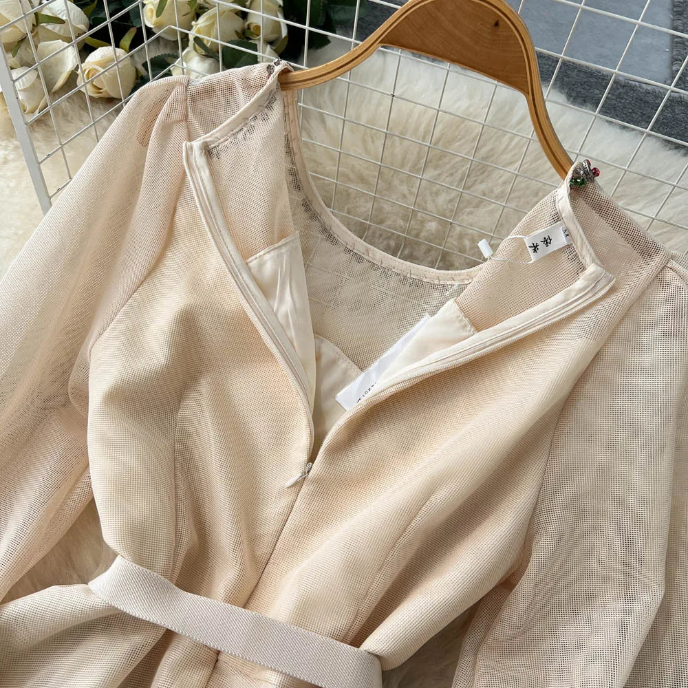 New Fashion Autumn White/Beige Beading Embroidery Long Dress For Women Elegant O Neck Puff Sleeve High Waist Elegant Party Robe