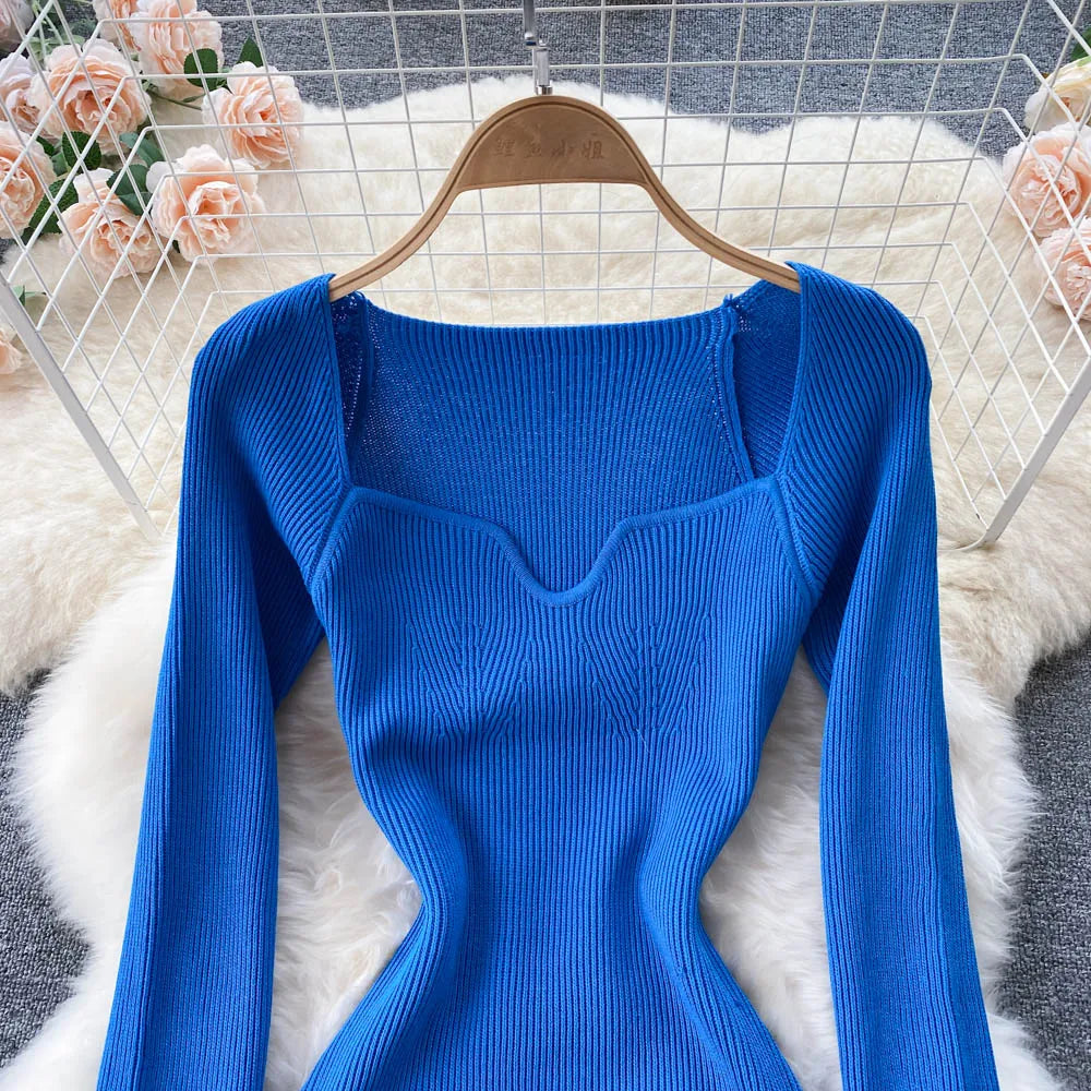 Women Long Sleeve Sexy Bodycon Dress with slit Vintage French Fashion Knit v neck Vestidos Basic Tight Elegant Slim Chic Dresses
