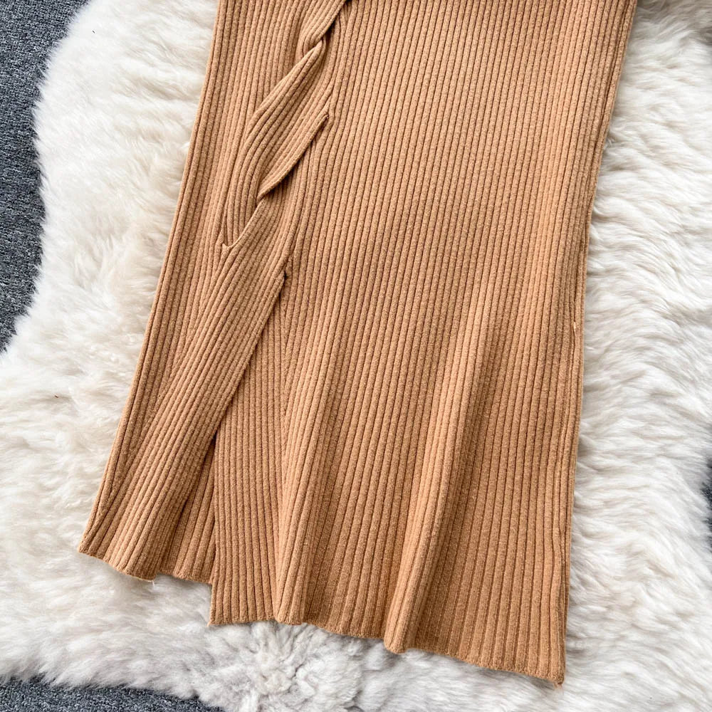 Women Elegant Chic Split Sexy Skirt Elastic Knit High Waist Fashion Vintage Pencil Skirt Black White Spring Autumn Clothing