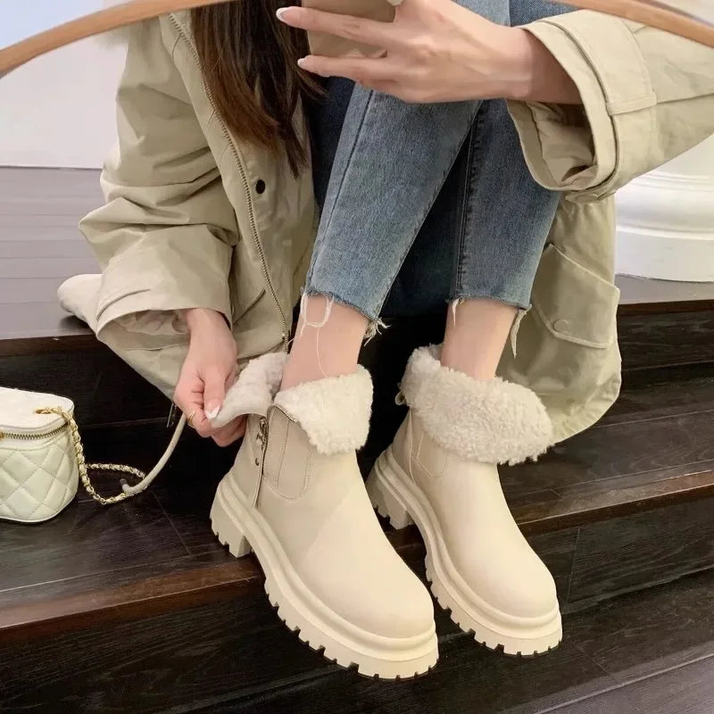 Women Thickened Plush Cotton Boots Womens Snow Shoes Autumn Winter Solid Color Shoes 2024 Side Zipper Low-heel Wool Short Boots