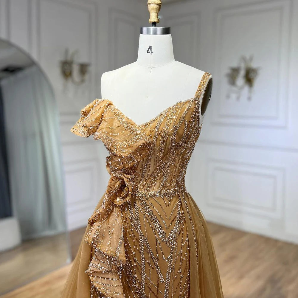 Serene Hill Golden Mermaid Evening Dress With Skirt - Women's Luxury Grey Beaded Spaghetti Strap Party 2024, LA72341