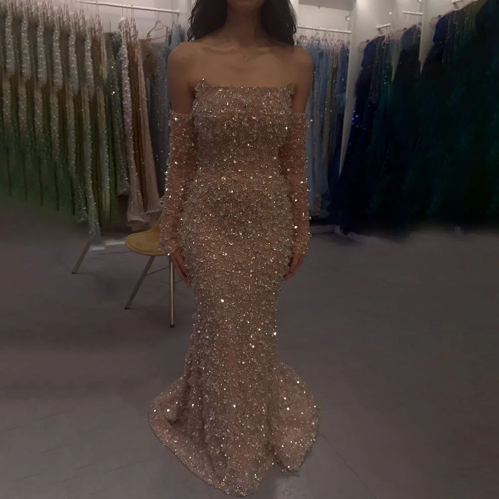 Serene Hill Arabia Orange Mermaid Strapless Luxury Beaded Crystal Evening Dresses Gowns for Women Wedding Party 2024 LA72402