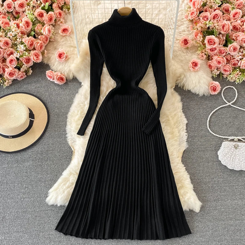 Women Chic Turtleneck Long Sleeve Sexy A-line Sweater Dress Vintage Korean Fashion Knit Vestido Elegant Autumn Winter Knitwear