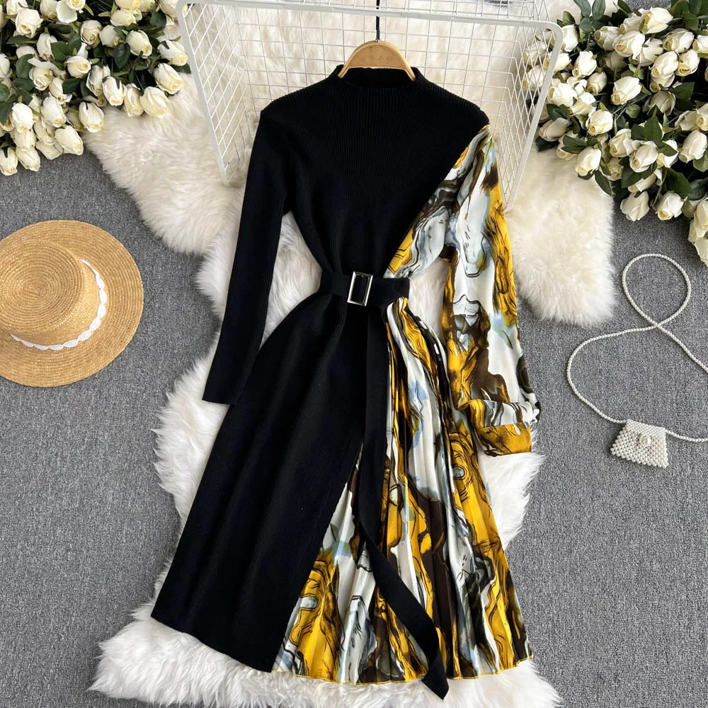 Elegant Chic Print Patchwork Knit Dress French Long Sleeve Party A-line Vestidos High Waist Basic Slim Women Autumn Winter Dress