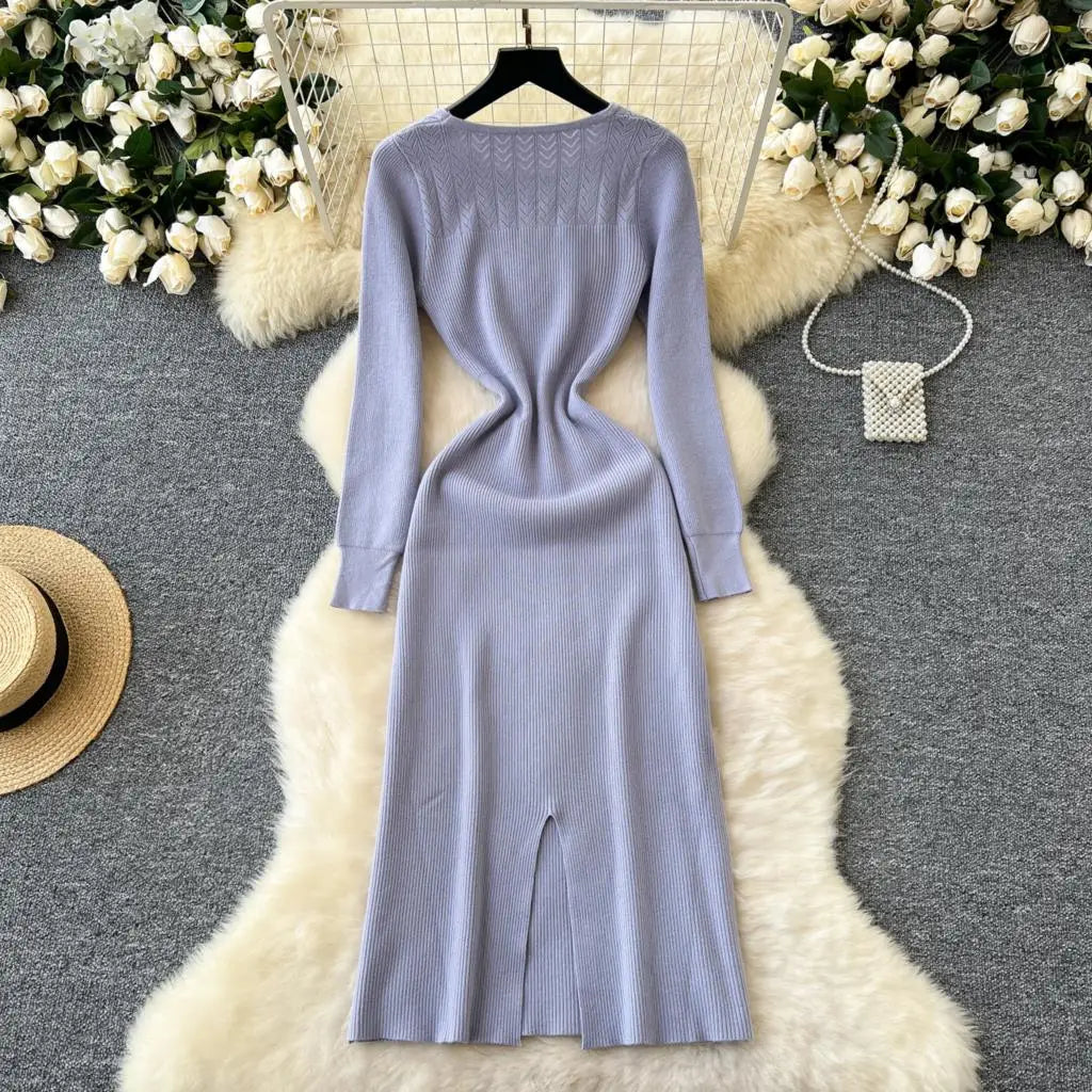 Elegant Solid Knitted Dress for Women Autumn French Vintage O-Neck Long Sleeve Fashion Evening Party Sweater Slim Midi Dresses