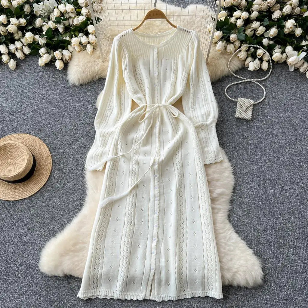 Elegant Autumn Solid Knitted Dresses for Women Sweet Hook Flower Hollow Strap A-line Korean Fashion Casual Vestidos Mujer New