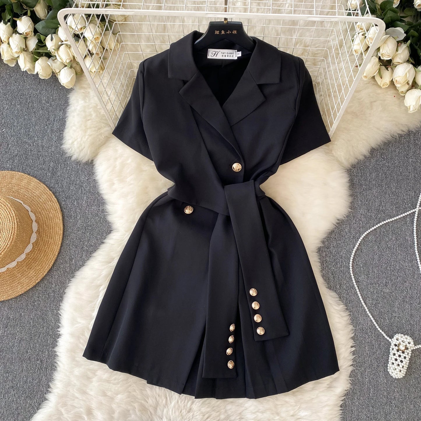 Retro Black Blazer Dress Women Lapel Short Sleeved Short Dresses Summer Casual Short Sleeve Slim Bandage Dress Vestidos