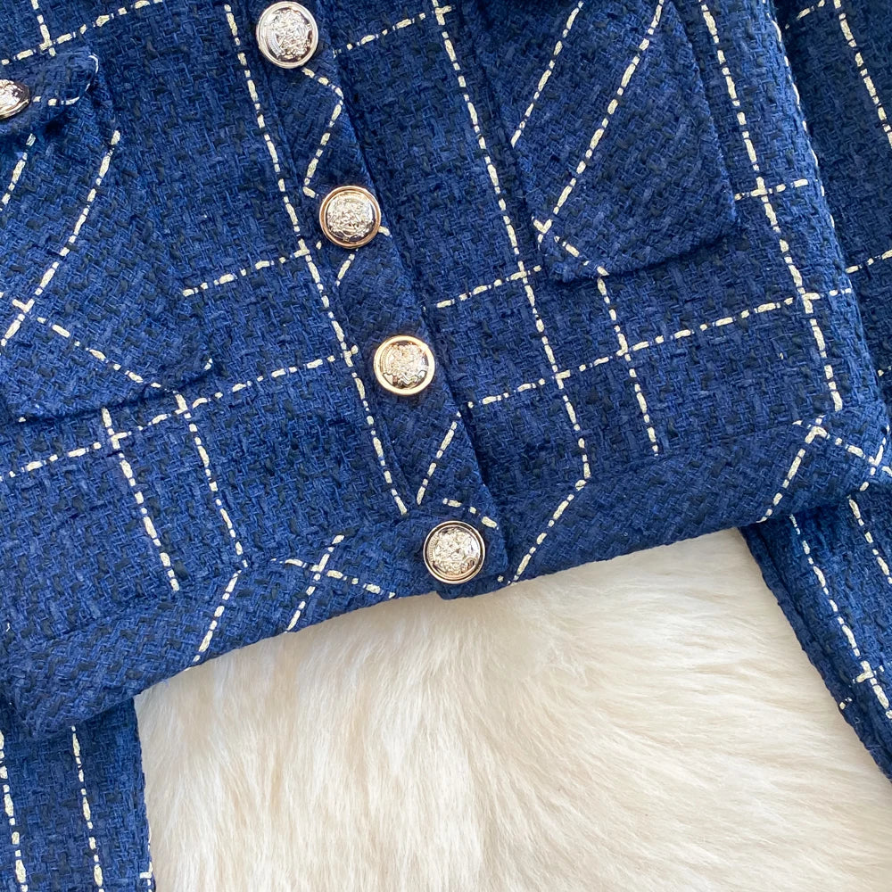 Women Checkered tweed Blazer 2-Piece Set Elegant Small Fragrance Wind Outfit Cropped Jacket+Mini Dresses Suit for Spring Autumn