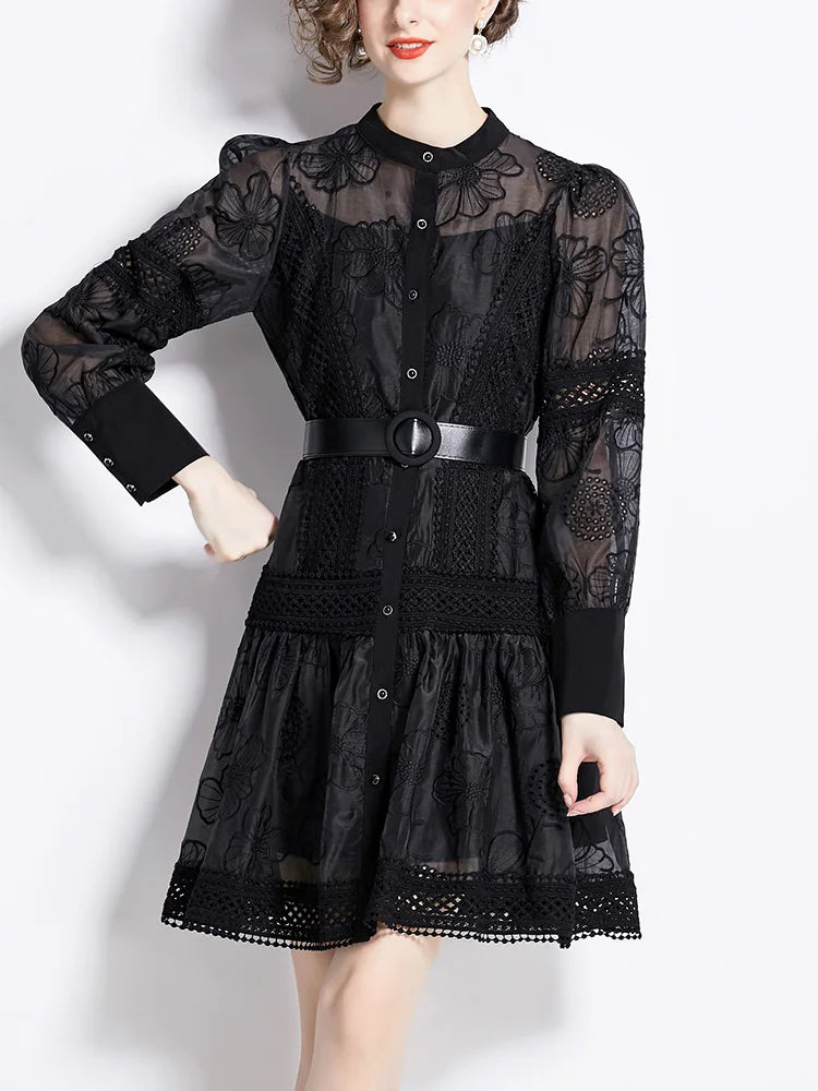 Spring Dresses 2024 Crochet Trim Cutwork Embroidery Mini Holiday Dress Women Stand Collar Long Sleeve Elegant Party Dresses