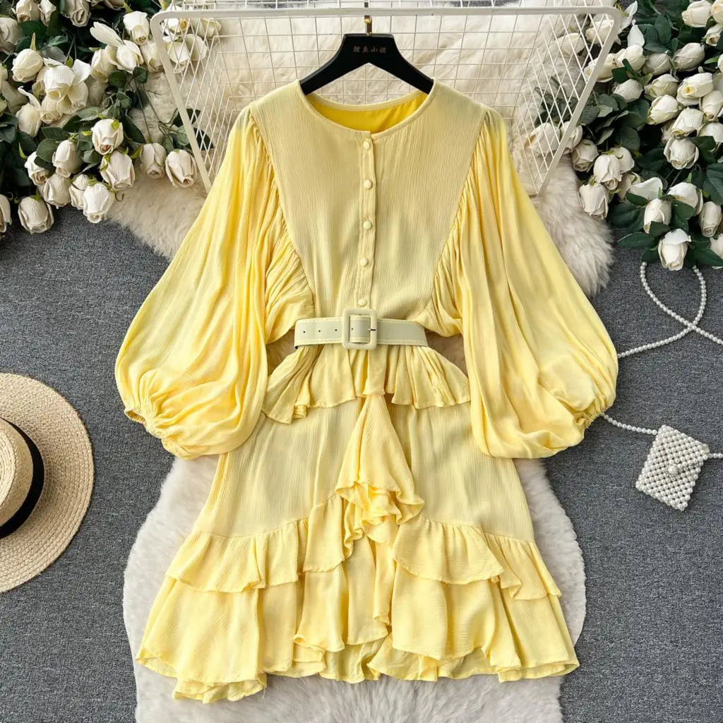Vintage Puff Sleeve Ruffle Dress Women O-Neck A-Line Elegant Casual Party Prom Dresses Korean Autumn Fashion Female Vestidos New