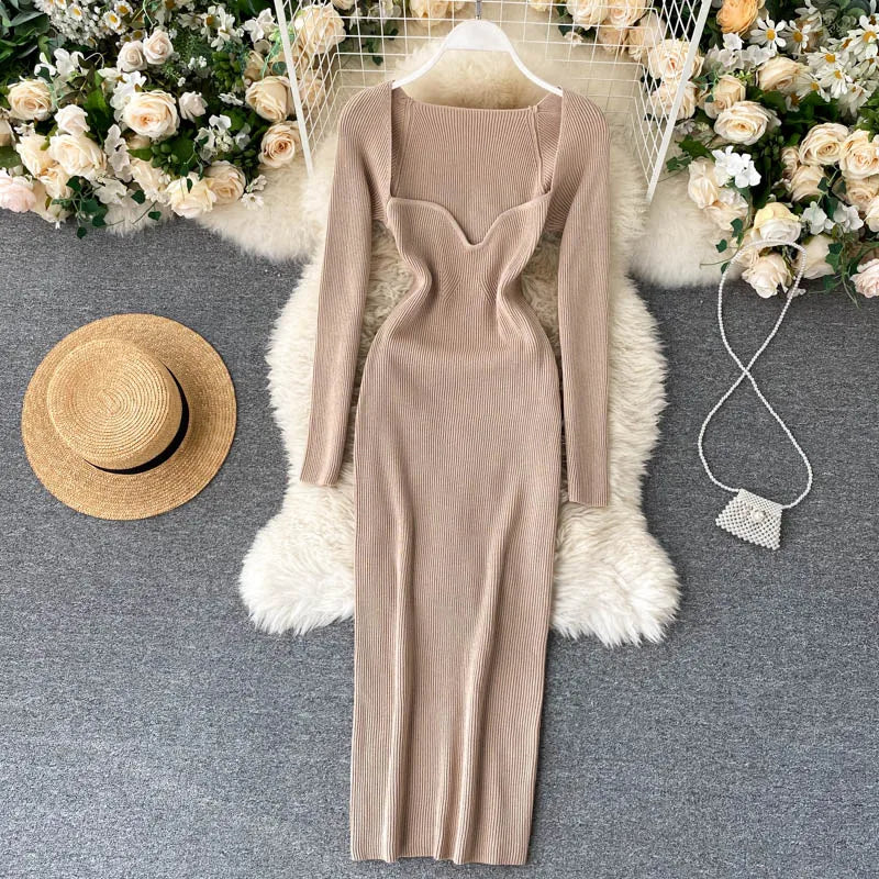 Women Long Sleeve Sexy Bodycon Dress with slit Vintage French Fashion Knit v neck Vestidos Basic Tight Elegant Slim Chic Dresses