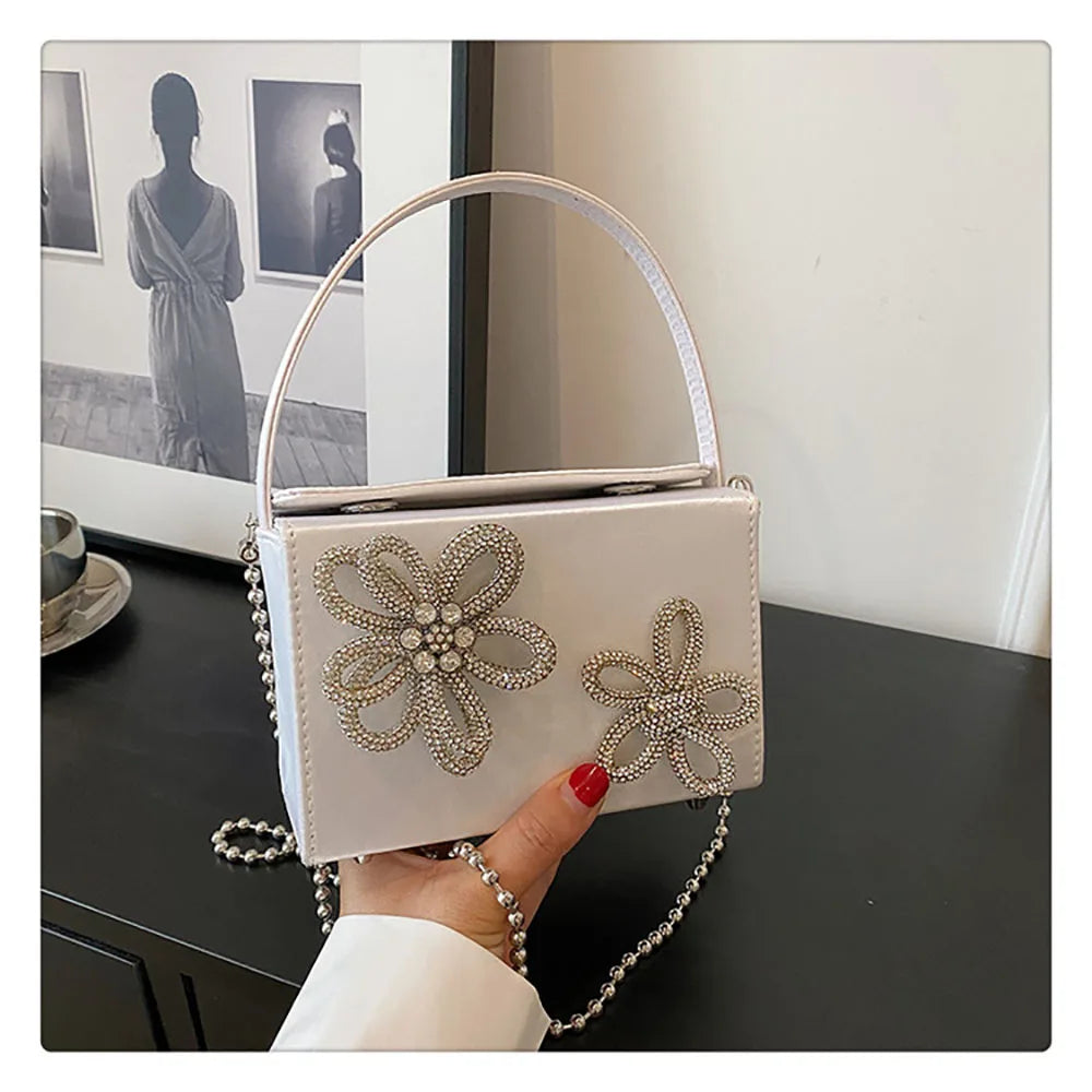 Light Luxury High-Grade Women Chain Crossbody Bag Korean Design Sense Diamond Flower New Pop Handbag Fashion Box Mini Square Bag