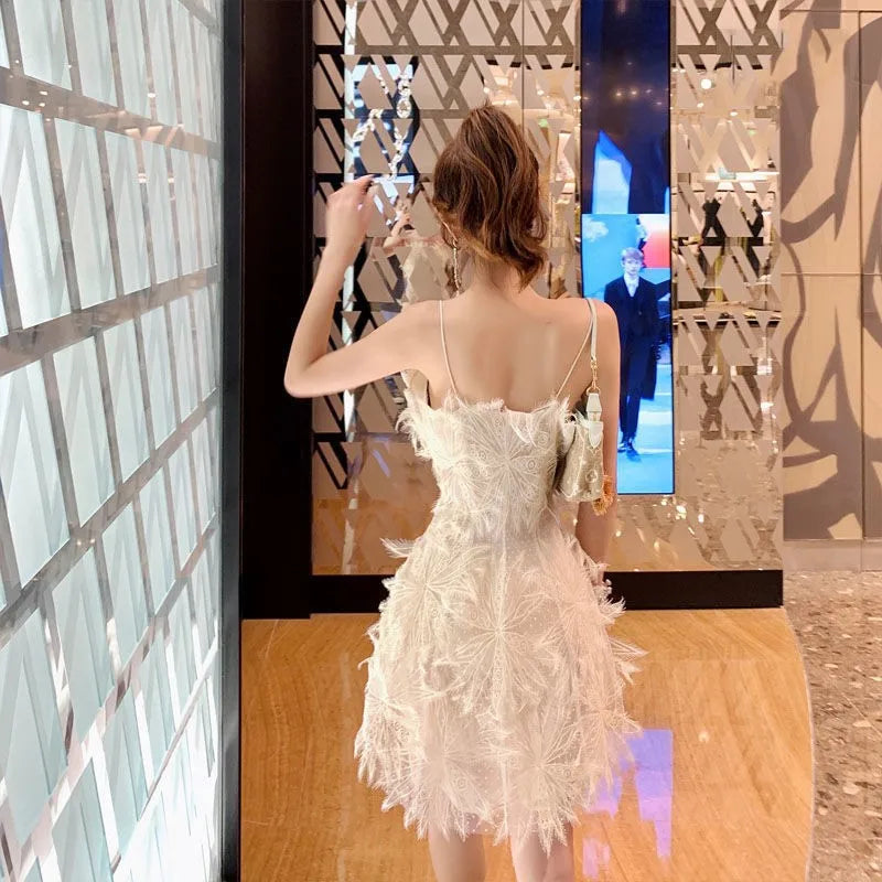 French White Feather Lace Flower Fairy Dress Hollow out Sexy Waist Wrapped Chiffon Hanging Spaghetti Strap Dresses Summer
