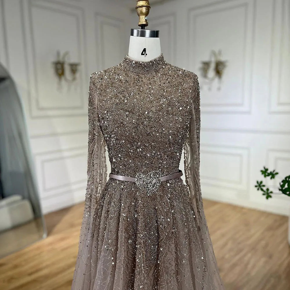Serene Hill Blue A-Line High-end Beaded Luxury Cape Sleeves Evening Dresses Gowns 2024 For Woman Party Plus Size LA70066B