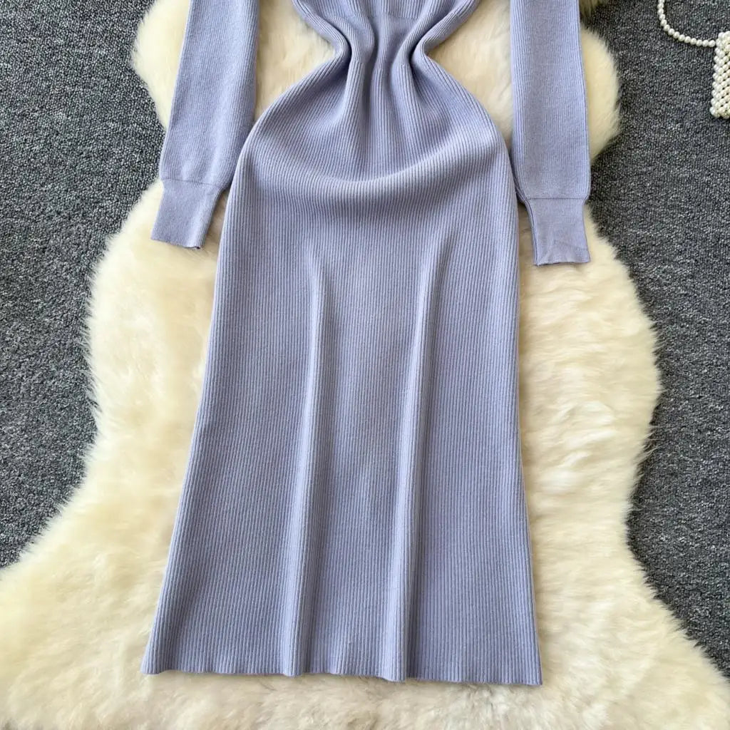 Elegant Solid Knitted Dress for Women Autumn French Vintage O-Neck Long Sleeve Fashion Evening Party Sweater Slim Midi Dresses