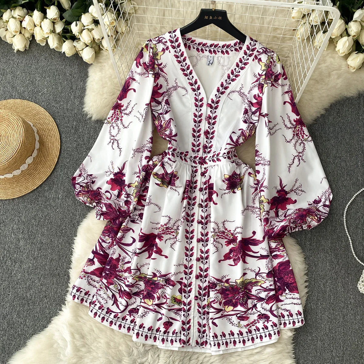 New In Dresses 2023 Fashion Women Clothing Party Elegant Vintage Print Dress Front Button Up V Neck Long Puff Sleeve Mini Dress