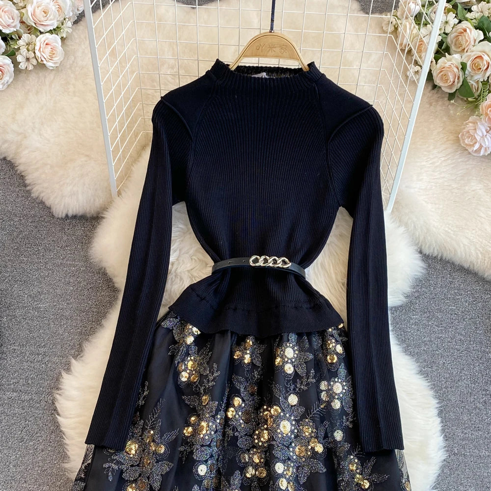 Women Chic Long Sleeve Stand Collar Patchwork A-line Dress Vintage Korean Fashion Knit Vestido Elegant Autumn Winter Knitwear