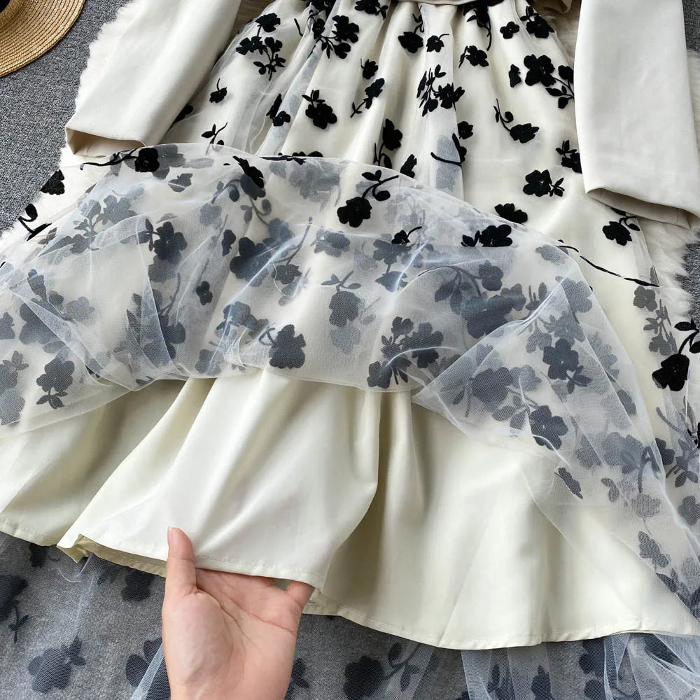 French Style Elegant Two Piece Sets Women Double Breasted Blazer Jacket + Mesh A-line Long Dress Fashion Korean Outfits