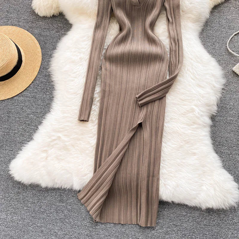 Women Chic Elegant Long Sleeve Split Bodycon Midi Dress Sexy French Fashion Knit Wrap Vestidos Elastic Slim Pencil Sweater Dress