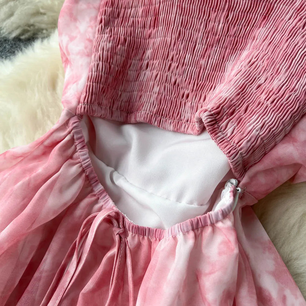 Women Pink Beach Dress Summer Sleeveless Hollow Out High Waist A-line Floral Printing Chiffon Dresses Ladies Casual Long Robe