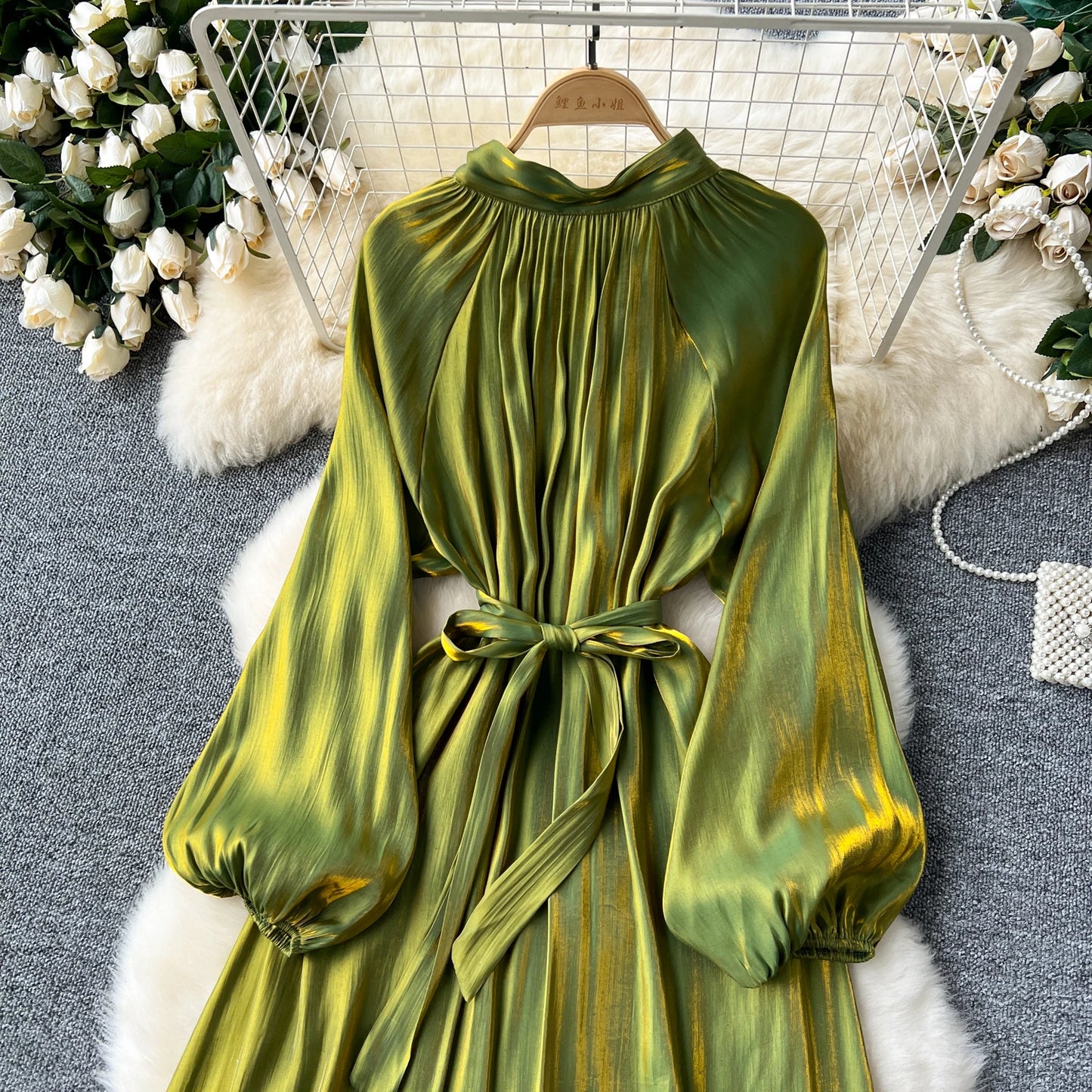 French Vintage Pleated lool sleeve print Lace-up Bow sweet Dress Casual Women Fashion summer dresses
