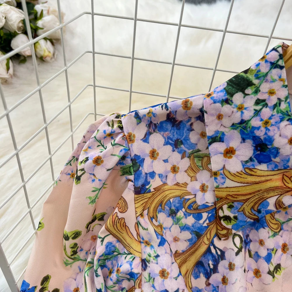 Vintage Print Elegant Lantern Long Sleeve Lapel A-line Dress Casual Women Fashion Autumn Spring Dress