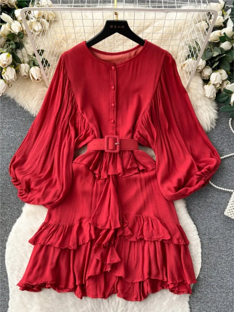 Vintage Puff Sleeve Ruffle Dress Women O-Neck A-Line Elegant Casual Party Prom Dresses Korean Autumn Fashion Female Vestidos New