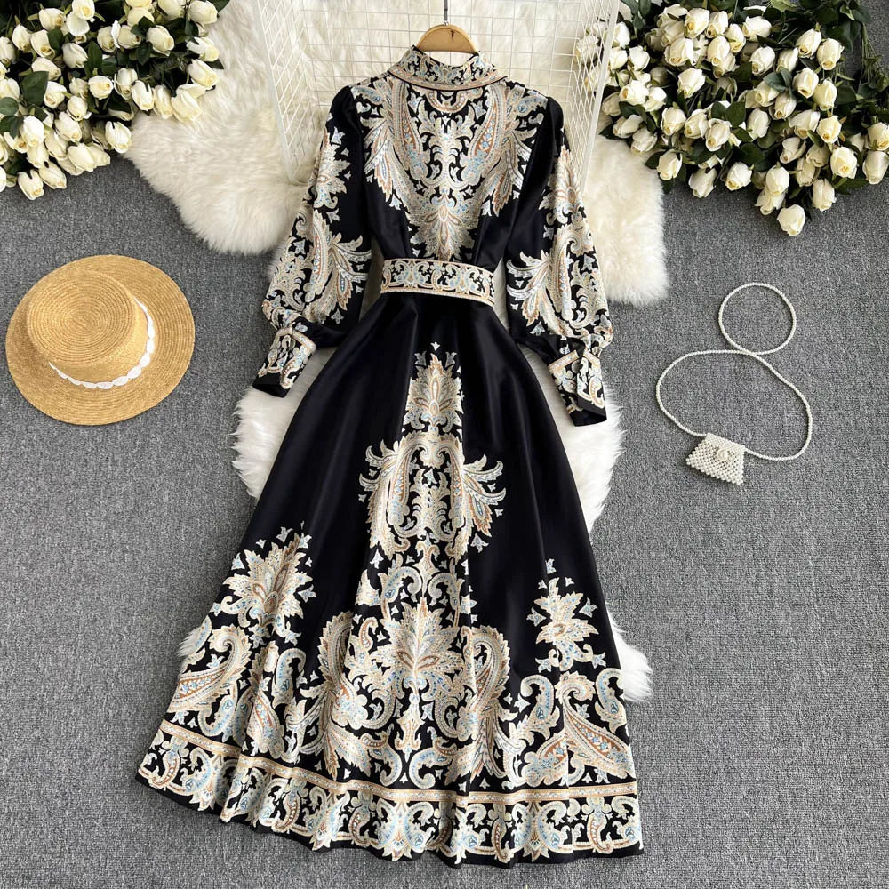Retro Printed Party Dress Women Polo Collar Long Sleeve Elegant Long Dresses Spring Autumn French Single Breasted Shirt Dress