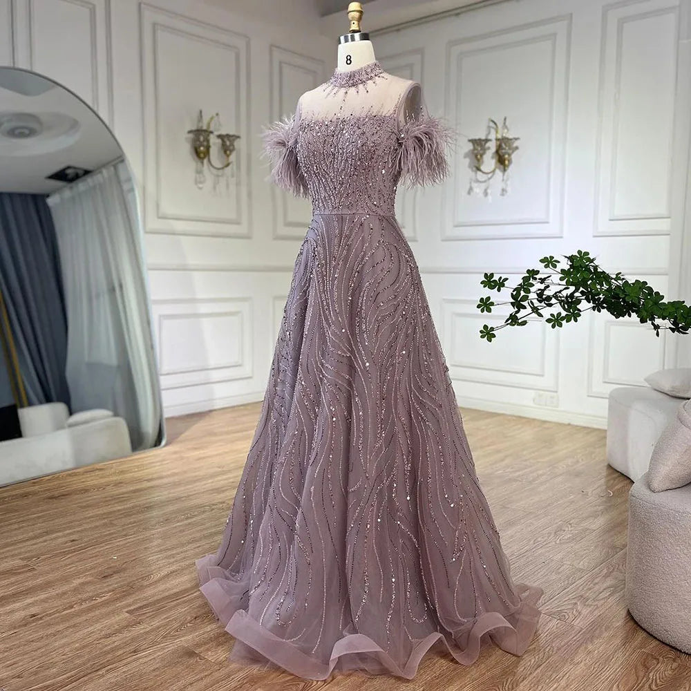 Serene Hill 2024 Arabic blue A Line Short Sleeveless Luxury Evening Dresses Beaded Feathers For Women Wedding Party LA72351