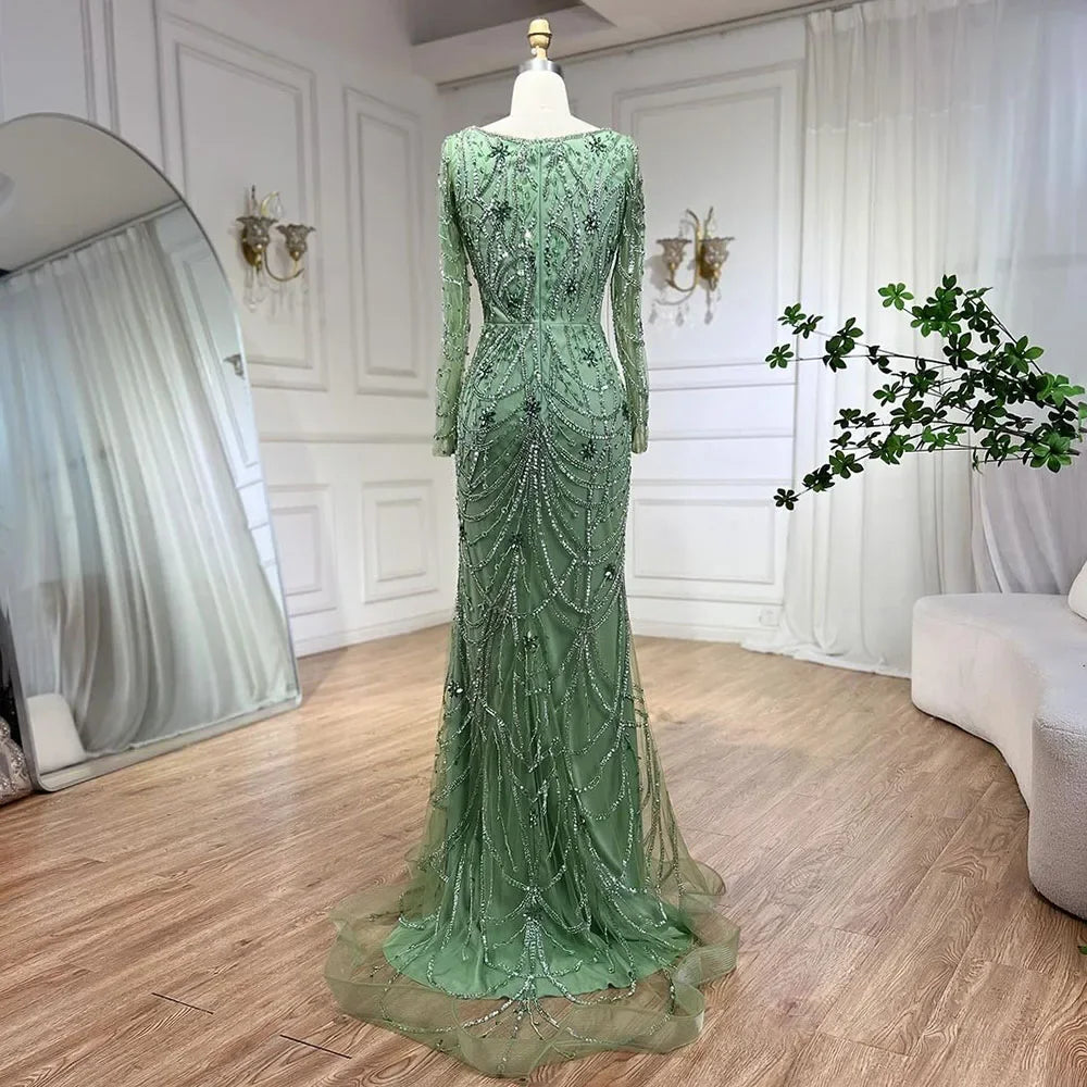 Serene Hill Luxury Dubai Green Mermaid Elegant Crystal Beaded Arabic Evening Dresses Gowns For Women Wedding Party 2023 BLA72242