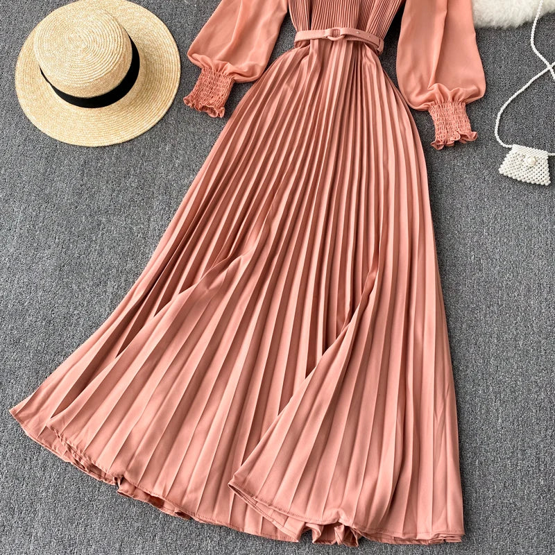 Chic Pleated Elegant Puff Sleeve Dress A-line Chiffon High Waist Belt Beach Vacation Party Dress Women Summer Spring Vestidos